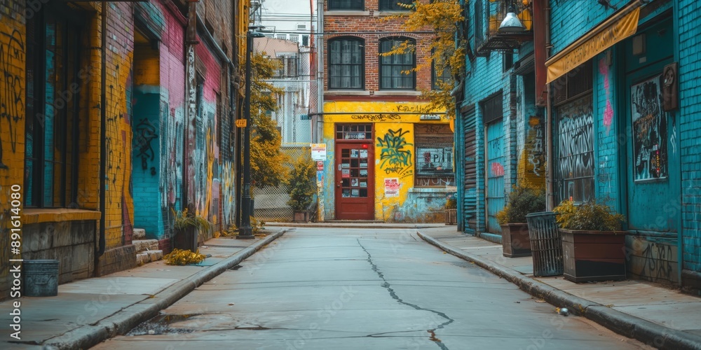 Fototapeta premium city street with graffiti wall, urban city street view background, low angle perspective, narrow passage 