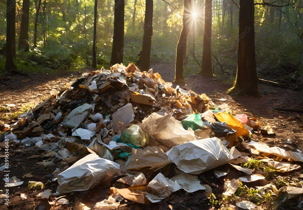Obraz premium Garbage pile in the middle of a natural forest from human hands Raise awareness of taking care of the forest