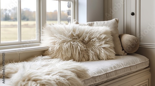 A fluffy pillow resting on a window seat with a beautiful view