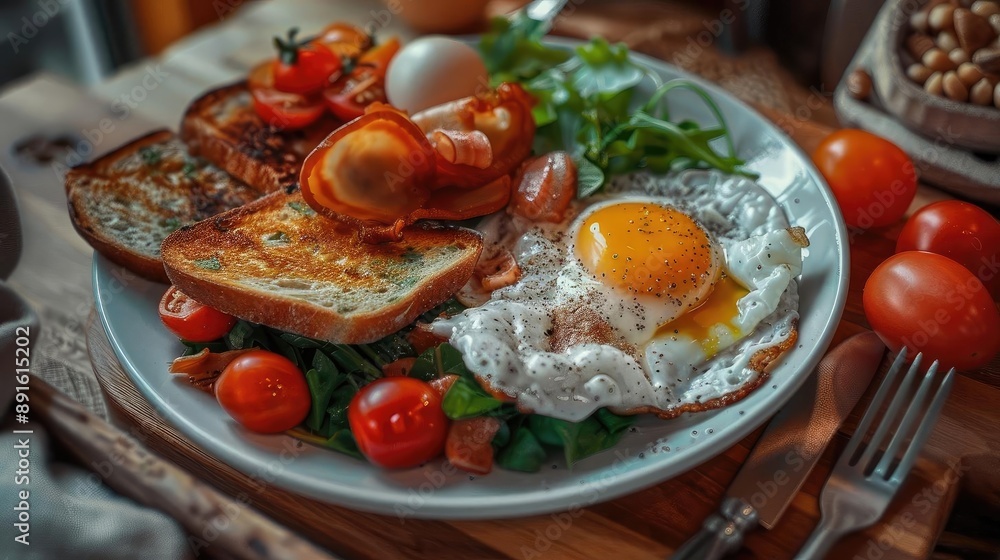A delicious breakfast plate featuring sunny-side-up eggs, crispy toast, fresh tomatoes, and greens. Perfect morning meal setting. A delicious breakfast plate featuring sunny-side-up eggs, crispy toast, fresh tomatoes, and greens. Perfect morning meal setting.