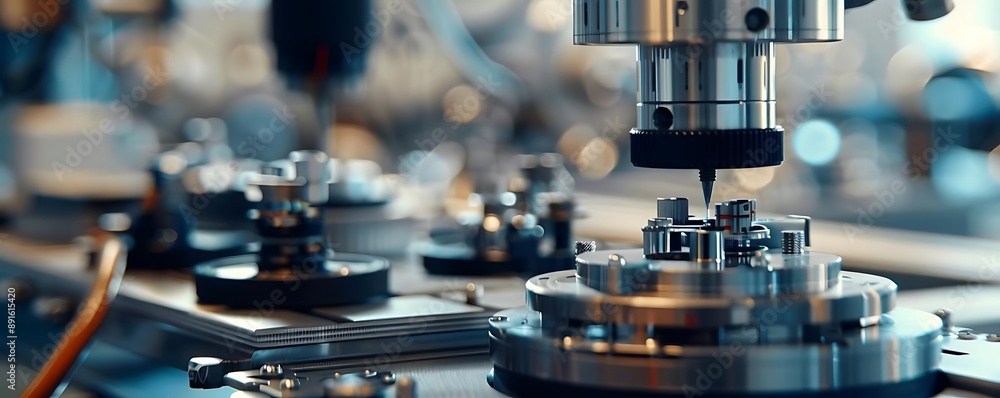 Close-Up Photo of a CNC Machine Tool with a Sharp Drill Bit Poised Above a Metal Part Close-Up Photo of a CNC Machine Tool with a Sharp Drill Bit Poised Above a Metal Part