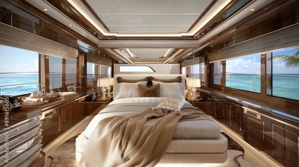 A luxurious boat cabin with a king-sized bed A luxurious boat cabin with a king-sized bed