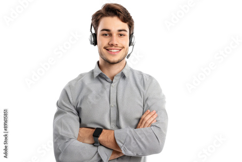 Enthusiastic young male customer service worker with crossed arms and headset, isolated on white background photo