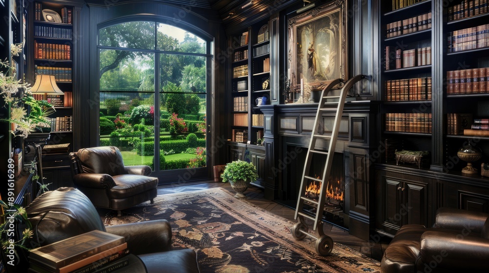A luxurious home library with dark wooden bookshelves A luxurious home library with dark wooden bookshelves