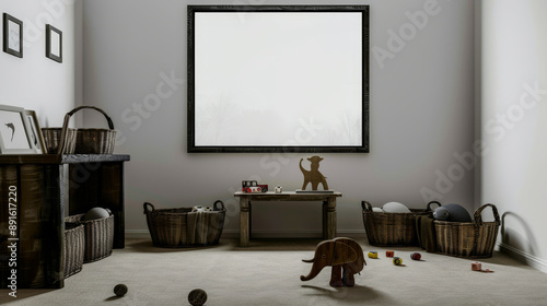 Playroom with toys and a blank frame on the wall photo