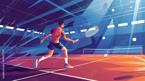 Illustration of Badminton player smashing the shuttlecock, dynamic shot, indoor court