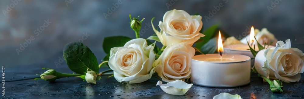 Photo of A candle and white roses on slate background, Photo of A candle and white roses on slate background,