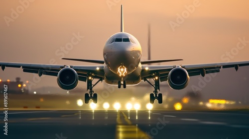 Airplane Landing at Sunset