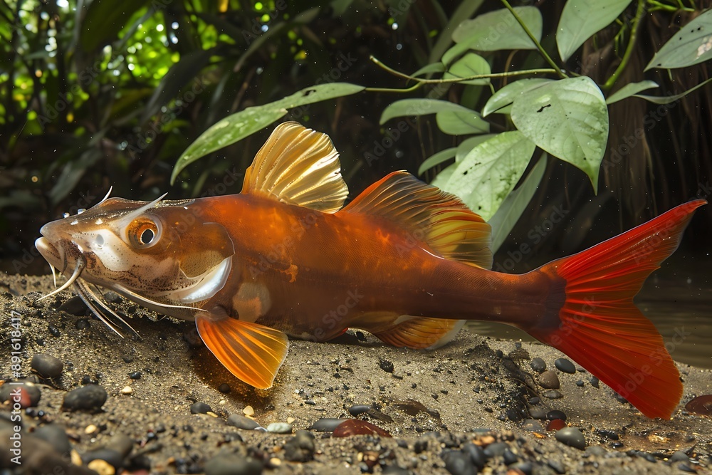 Amazonian Redtail Catfish Phractocephalus hemioliopterus resting on the ...