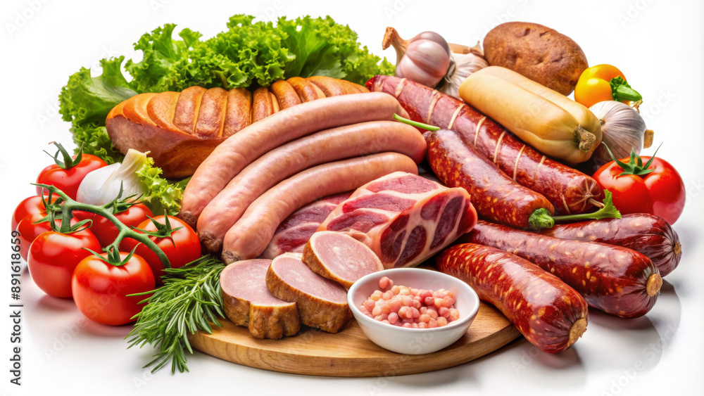 A variety of sausages, sliced meats and fresh vegetables are placed on a wooden platter.Vibrant tomatoes, leafy greens and colorful peppers add fresh color to the meat's rich appearance.AI generated A variety of sausages, sliced meats and fresh vegetables are placed on a wooden platter.Vibrant tomatoes, leafy greens and colorful peppers add fresh color to the meat's rich appearance.AI generated