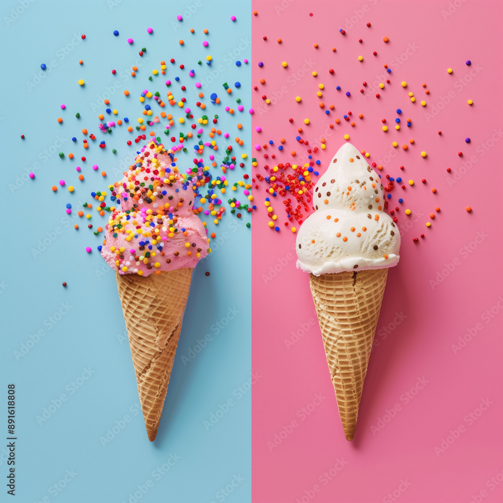 Colorful ice cream cones with sprinkles on pastel backgrounds Colorful ice cream cones with sprinkles on pastel backgrounds