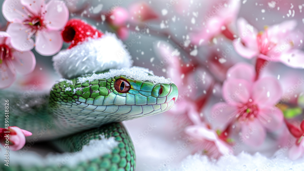 Poster with a green tree snake wearing a Santa hat, against the background of a blossoming Chinese plum under the spring snowfall, a symbol of the Chinese new year 2024 Poster with a green tree snake wearing a Santa hat, against the background of a blossoming Chinese plum under the spring snowfall, a symbol of the Chinese new year 2024