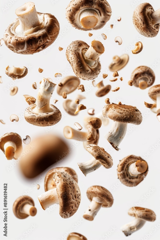 a swirl of falling porcini mushrooms, isolated, white background a swirl of falling porcini mushrooms, isolated, white background