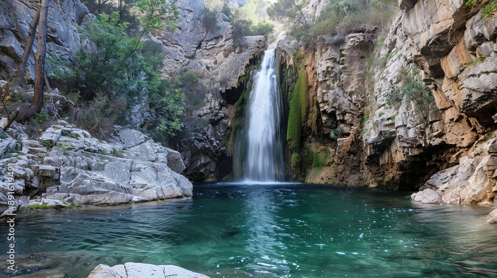 Naklejka premium Waterfall cascading down a rocky cliff into a tranquil pool