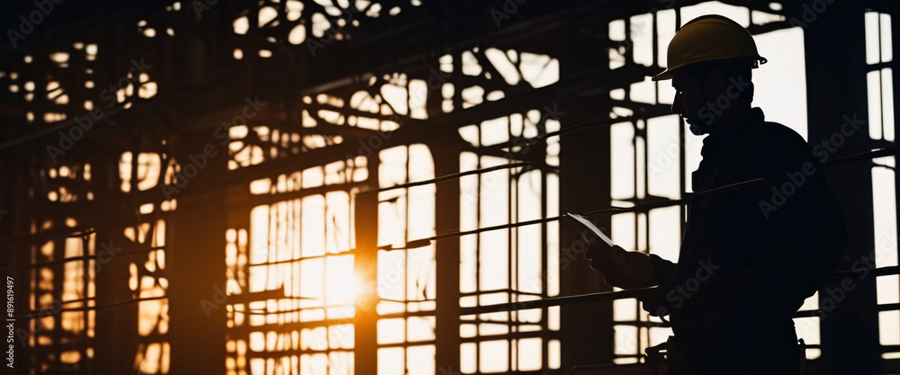 A silhouette of construction electrician working in a factory, worker with helmet, electrical worker in action A silhouette of construction electrician working in a factory, worker with helmet, electrical worker in action
