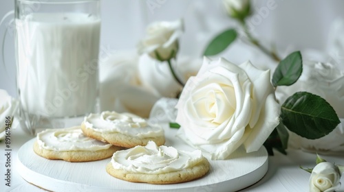 Artistic Arrangement of White Rose, Plate of Frosted Cookies, and Glass of Milk on a White Board, Creating a Delicate and Elegant Scene photo