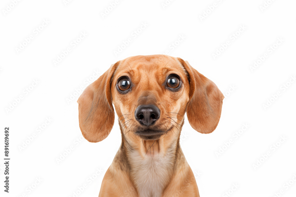 Close-up of an excited Dachshund dog with big round eyes and a joyful expression on a white background. Close-up of an excited Dachshund dog with big round eyes and a joyful expression on a white background.