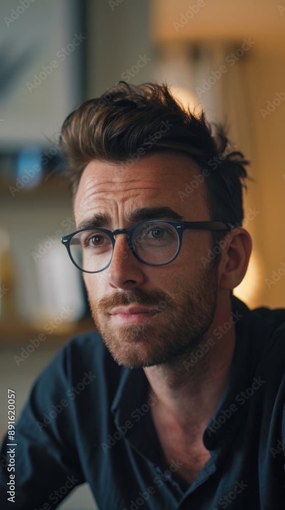 male professional wearing glasses participating in a video conference, demonstrating clear eye contact and professionalism in remote interaction. male professional wearing glasses participating in a video conference, demonstrating clear eye contact and professionalism in remote interaction.