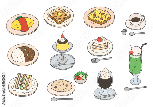 喫茶店の食べ物イラストセット手描き