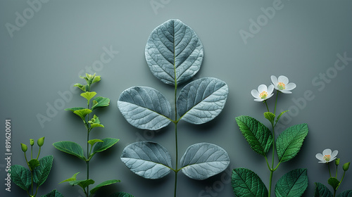  Flat lay of green and grey leaves with white flowers photo