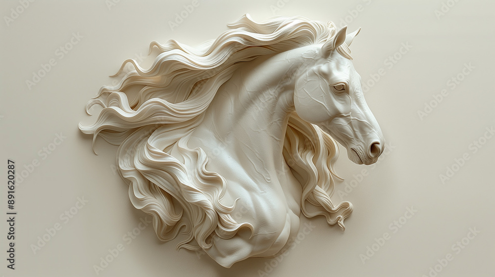 A minimalist image showcasing a detailed sculpture of a horse head with flowing mane, centered against a beige background. The intricate textures and elegant design highlight the beauty and grace of t A minimalist image showcasing a detailed sculpture of a horse head with flowing mane, centered against a beige background. The intricate textures and elegant design highlight the beauty and grace of t