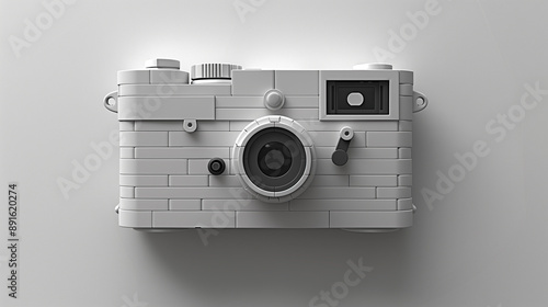 A minimalist image featuring a grey camera with a textured, block-like design, centered against a light background. The simple and modern composition highlights the camera's unique and artistic constr photo