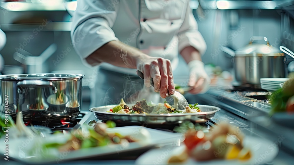 Close-up of a chef preparing a meal with fresh vegetables and herbs in a professional kitchen, highlighting culinary expertise.. Close-up of a chef preparing a meal with fresh vegetables and herbs in a professional kitchen, highlighting culinary expertise..