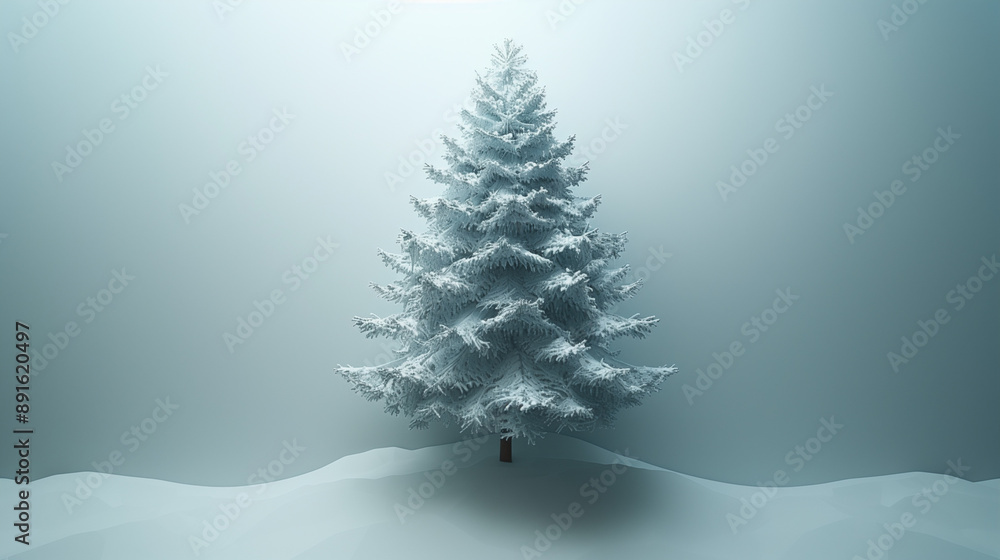 Naklejka premium A single pine tree stands covered in frost, creating a serene winter scene. The tree's branches are heavily laden with snow, against a soft gradient blue background.