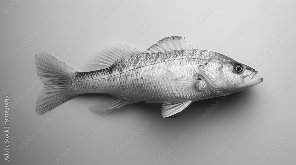 A minimalist black and white flat lay shot of a detailed fish. The intricate scales and fins are highlighted against a plain background, showcasing the beauty and simplicity of marine life. A minimalist black and white flat lay shot of a detailed fish. The intricate scales and fins are highlighted against a plain background, showcasing the beauty and simplicity of marine life.