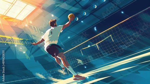 Illustration of Handball player shooting for a goal, dynamic action, indoor arena, focused