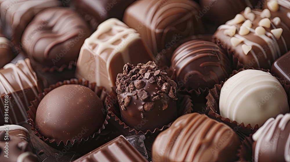 Close-up of an assortment of gourmet chocolate truffles and bonbons, showcasing a variety of textures, designs, and flavors in rich, decadent detail.. Close-up of an assortment of gourmet chocolate truffles and bonbons, showcasing a variety of textures, designs, and flavors in rich, decadent detail..