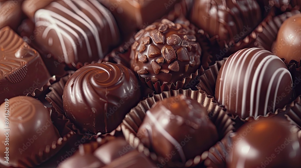 Close-up of an assortment of gourmet chocolate truffles and bonbons, showcasing a variety of textures, designs, and flavors in rich, decadent detail.. Close-up of an assortment of gourmet chocolate truffles and bonbons, showcasing a variety of textures, designs, and flavors in rich, decadent detail..