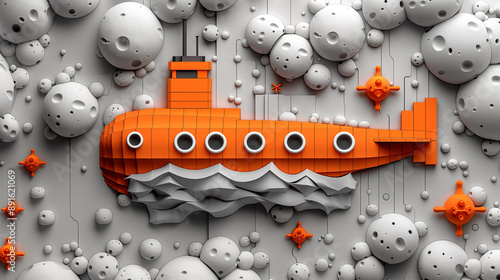 Orange submarine with bubbles on a textured background photo