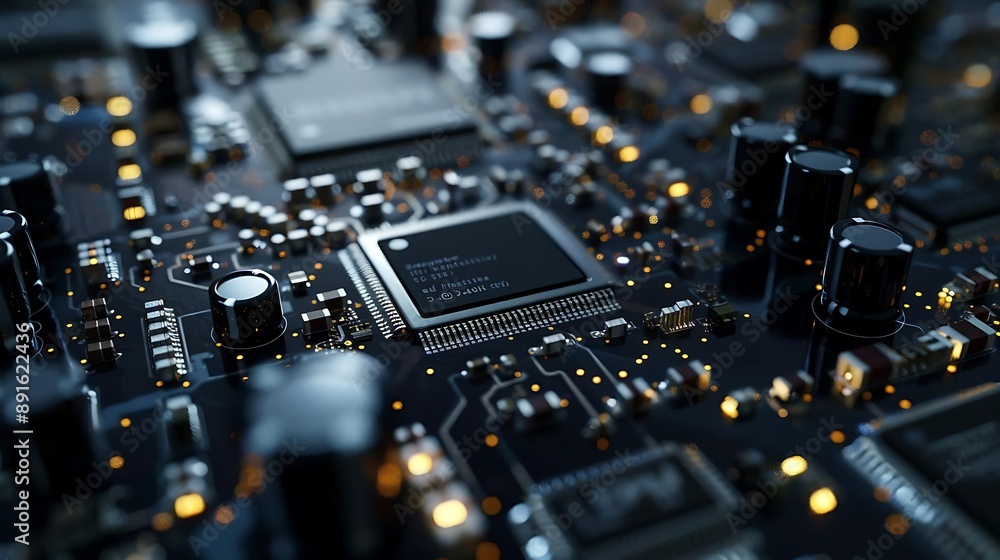 Closeup 3D Rendering of a Circuit Board with a Microchip in the Center Closeup 3D Rendering of a Circuit Board with a Microchip in the Center