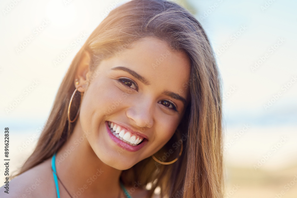 Tropical, holiday and portrait of woman with smile, travel or relax at beach for outdoor adventure. Happy, face and confident girl on summer island for fun vacation in nature with fresh air and joy Tropical, holiday and portrait of woman with smile, travel or relax at beach for outdoor adventure. Happy, face and confident girl on summer island for fun vacation in nature with fresh air and joy