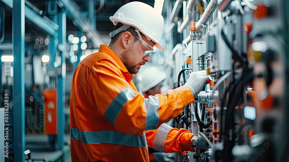An electrician in safety gear and a hard hat works diligently on an industrial control panel, ensuring proper electrical connections and functionality.. An electrician in safety gear and a hard hat works diligently on an industrial control panel, ensuring proper electrical connections and functionality..