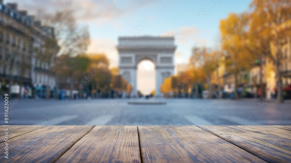 close up of rustic empty wooden table with blurred Arc De Triomphe background