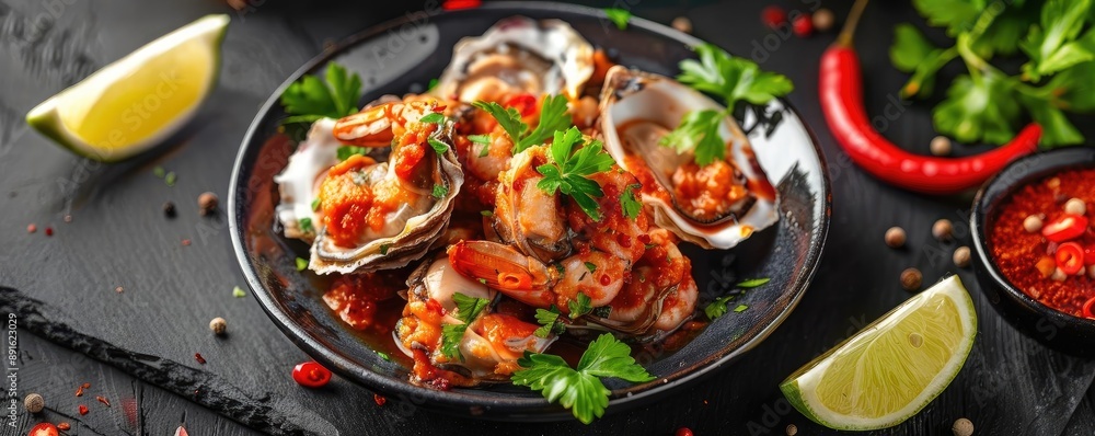 Delicious spicy seafood dish on black plate with garnishes of lime, parsley, and chili, perfect for culinary enthusiasts. Delicious spicy seafood dish on black plate with garnishes of lime, parsley, and chili, perfect for culinary enthusiasts.