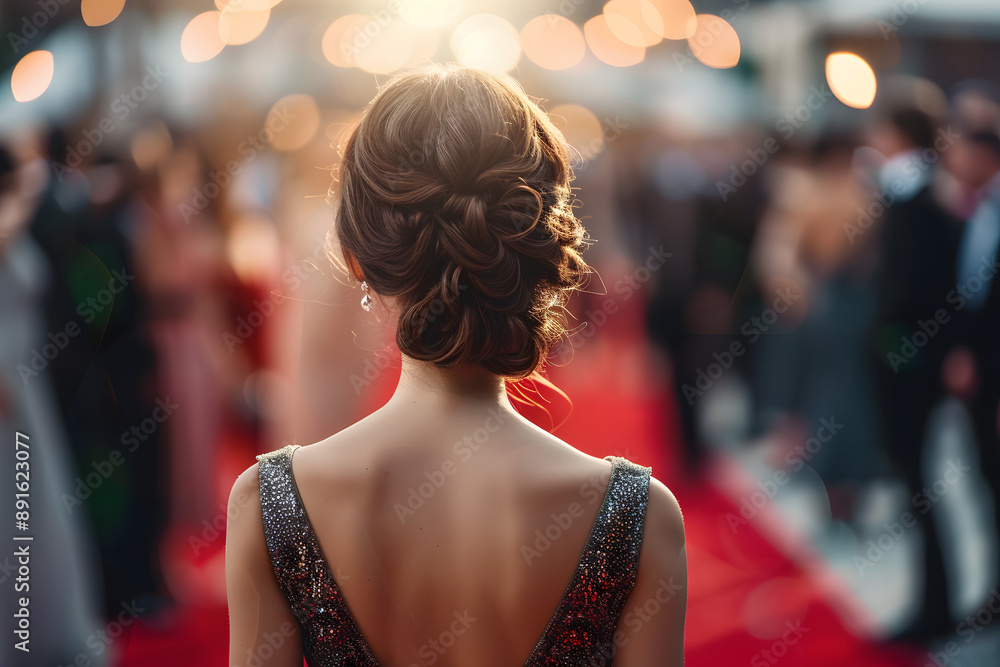 Back view of attractive woman in elegant dress at red carpet event Back view of attractive woman in elegant dress at red carpet event