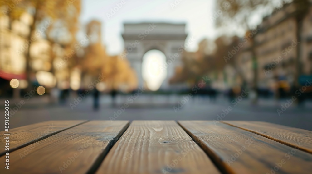 close up of rustic empty wooden table with blurred Arc De Triomphe background close up of rustic empty wooden table with blurred Arc De Triomphe background
