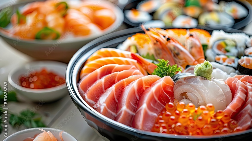 Assorted fresh sushi and sashimi platter with salmon, shrimp, and roe, garnished with parsley in a traditional Japanese dining setup. Assorted fresh sushi and sashimi platter with salmon, shrimp, and roe, garnished with parsley in a traditional Japanese dining setup.