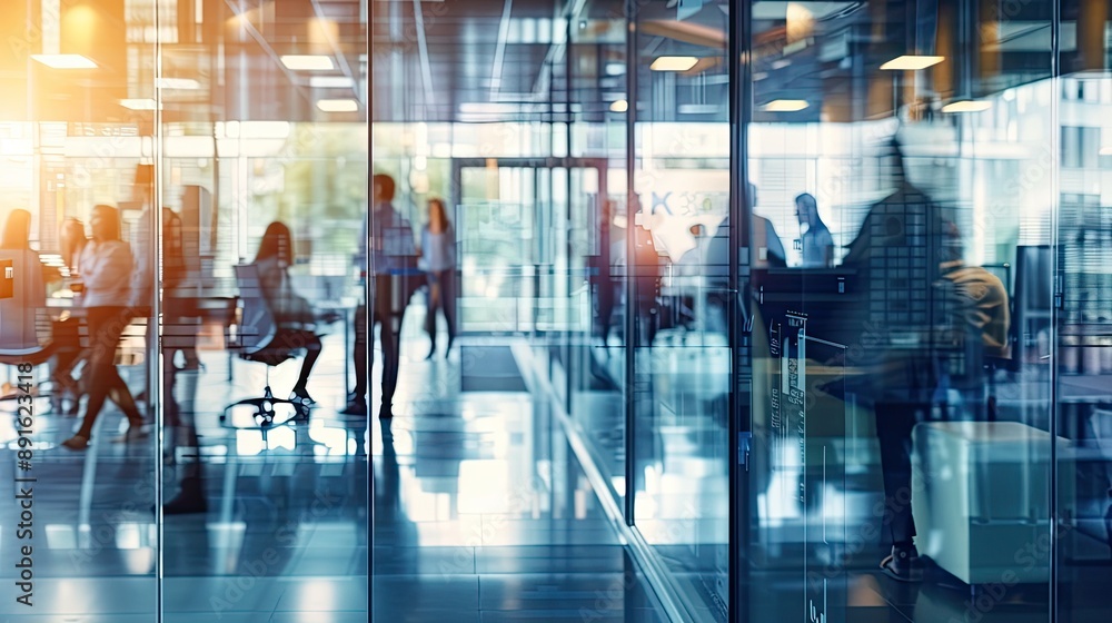 A contemporary office space featuring glass walls and blurred figures, showcasing a bright, collaborative work environment..
