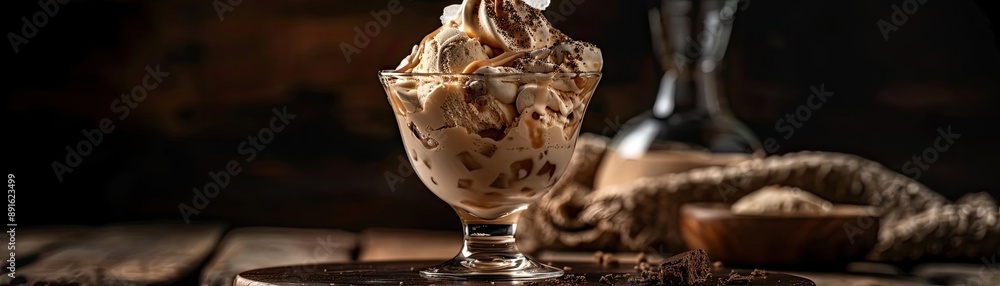 Delicious ice cream sundae in a glass cup with chocolate chips and vanilla swirl on rustic wooden table, dark background. Delicious ice cream sundae in a glass cup with chocolate chips and vanilla swirl on rustic wooden table, dark background.
