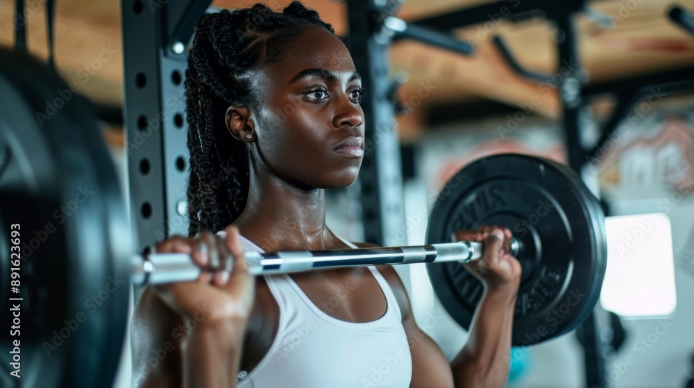 Woman lifting weights in a modern gym, focused and determined expression Woman lifting weights in a modern gym, focused and determined expression