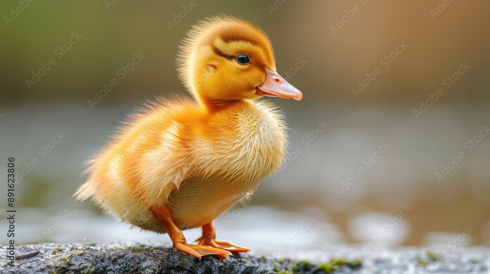 Adorable fluffy yellow duckling standing on a rock with a blurred natural background, displaying its cute feathers and tiny feet. Adorable fluffy yellow duckling standing on a rock with a blurred natural background, displaying its cute feathers and tiny feet.