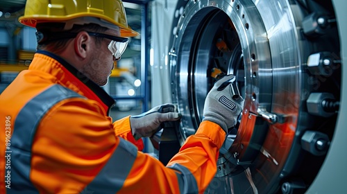 Engineers in safety gear working on complex industrial machinery, focusing on maintenance and precision in a manufacturing environment..