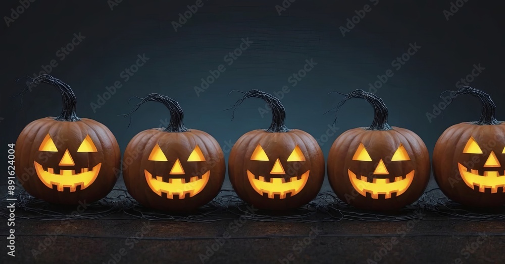 A row of pumpkins with their eyes open and smiling A row of pumpkins with their eyes open and smiling
