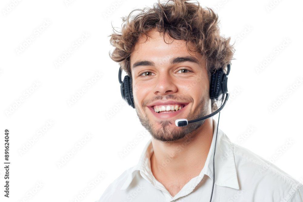 Cheerful young male customer service operator with headset, isolated on white background Cheerful young male customer service operator with headset, isolated on white background