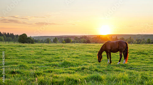 Horse grazing in meadow on sunset 