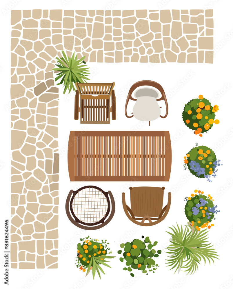 Top view of furniture icons for interior and landscape design plan ...